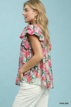 Umgee Bluse Blumenmuster Rosa-Mix Rüschen V-Ausschnitt Spitzenbesatz Kurzes ausgestelltes Ärmel-Top