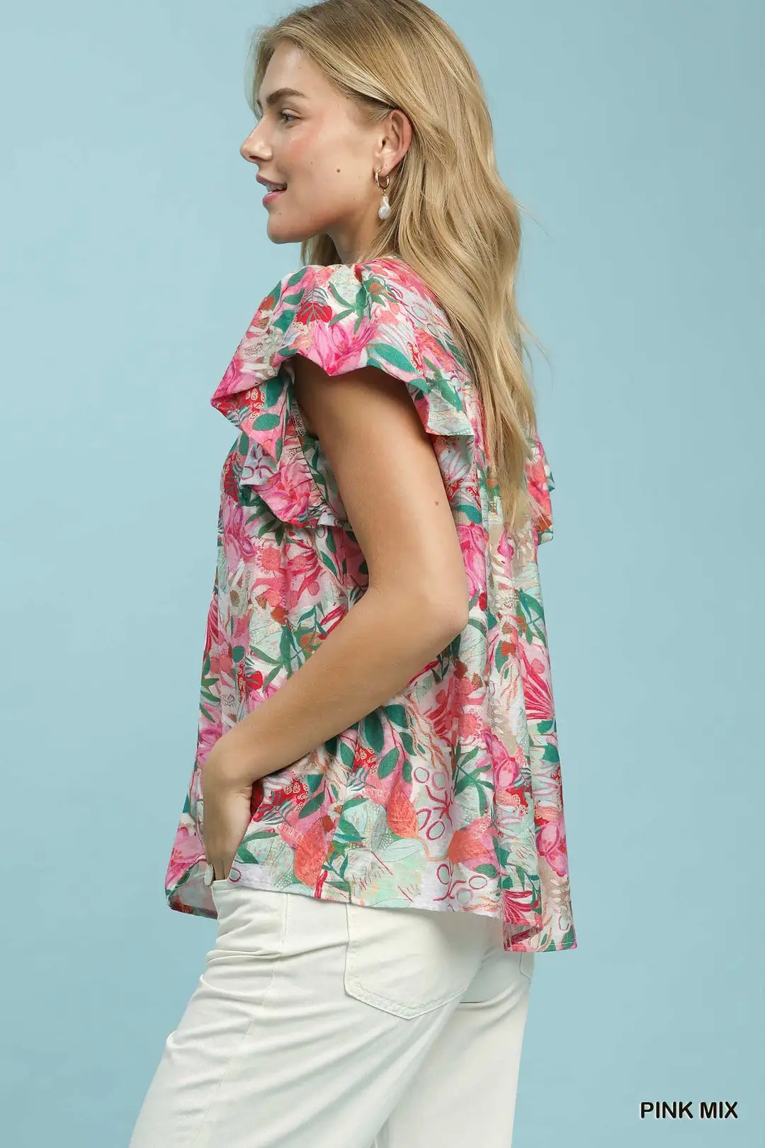Umgee Blouse Floral Pink Mix Ruffle V-Neck Lace Trim Short Flare Sleeve Top