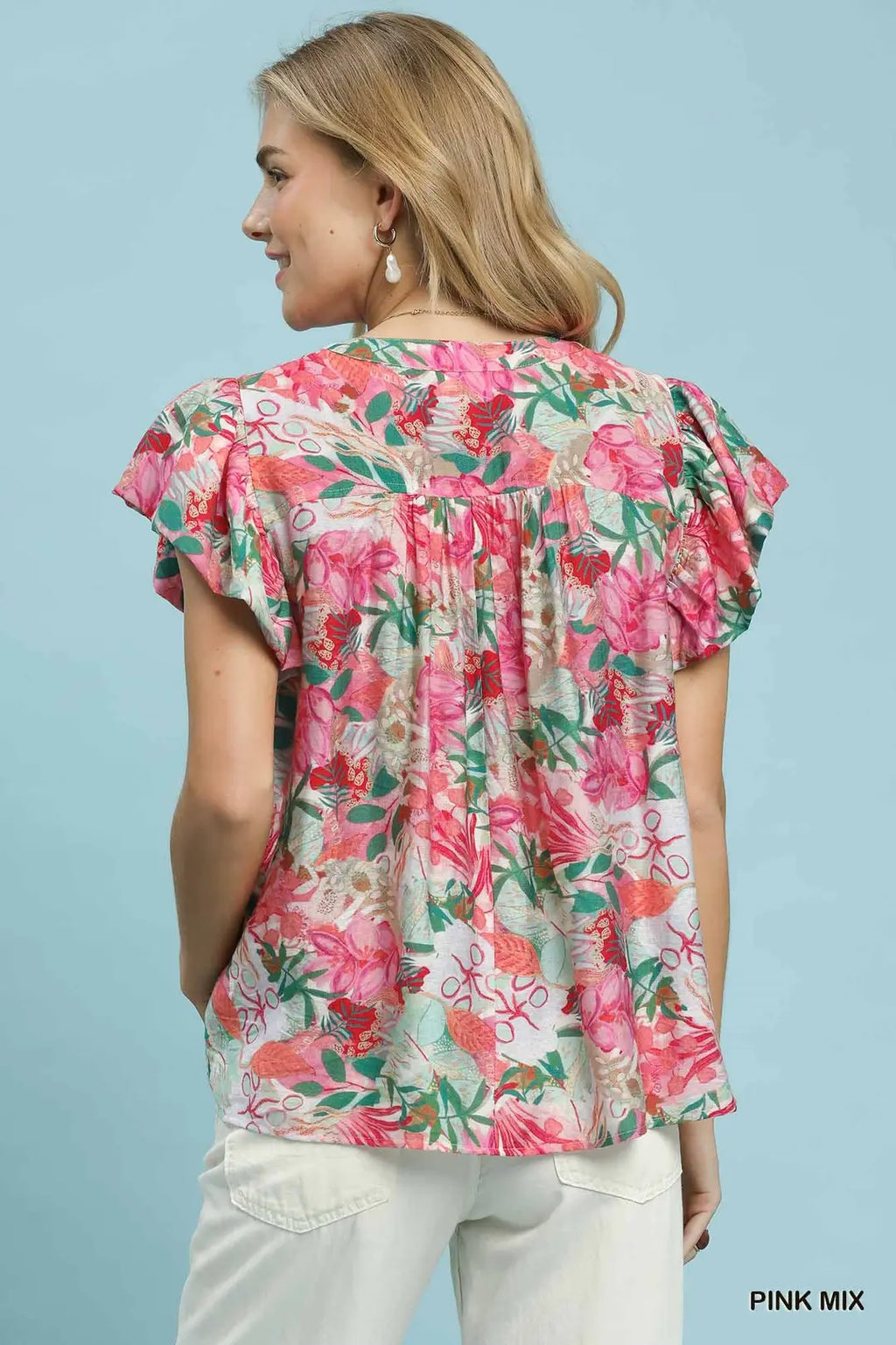 Umgee Blouse Floral Pink Mix Ruffle V-Neck Lace Trim Short Flare Sleeve Top