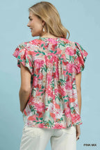 Umgee Bluse Blumenmuster Rosa-Mix Rüschen V-Ausschnitt Spitzenbesatz Kurzes ausgestelltes Ärmel-Top