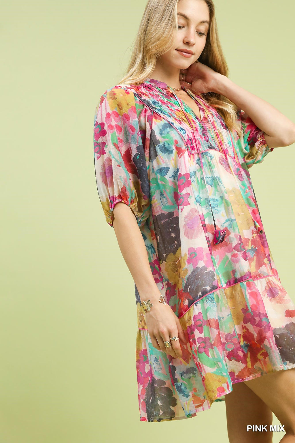 Umgee Floral Mini Dress V-Neck Tie Smocked Ruffle Layered Summer Short Sleeve