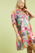 Umgee Floral Mini Dress V-Neck Tie Smocked Ruffle Layered Summer Short Sleeve