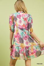 Umgee Floral Mini Dress V-Neck Tie Smocked Ruffle Layered Summer Short Sleeve