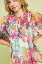 Umgee Floral Mini Dress V-Neck Tie Smocked Ruffle Layered Summer Short Sleeve
