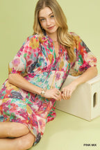 Umgee Floral Mini Dress V-Neck Tie Smocked Ruffle Layered Summer Short Sleeve