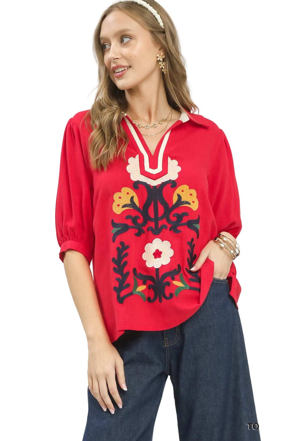 Umgee Linen Cotton Blouse Red Floral Embroidered V-Neck Stripe Trim Boho Top