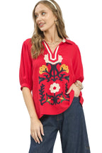 Umgee Linen Cotton Blouse Red Floral Embroidered V-Neck Stripe Trim Boho Top