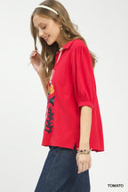 Umgee Linen Cotton Blouse Red Floral Embroidered V-Neck Stripe Trim Boho Top
