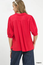 Umgee Linen Cotton Blouse Red Floral Embroidered V-Neck Stripe Trim Boho Top