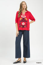 Umgee Linen Cotton Blouse Red Floral Embroidered V-Neck Stripe Trim Boho Top