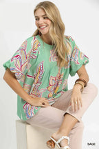 Umgee Lässige Bluse Paisley-Print Salbeigrün Puffärmel Kurzarm Rüschenoberteil