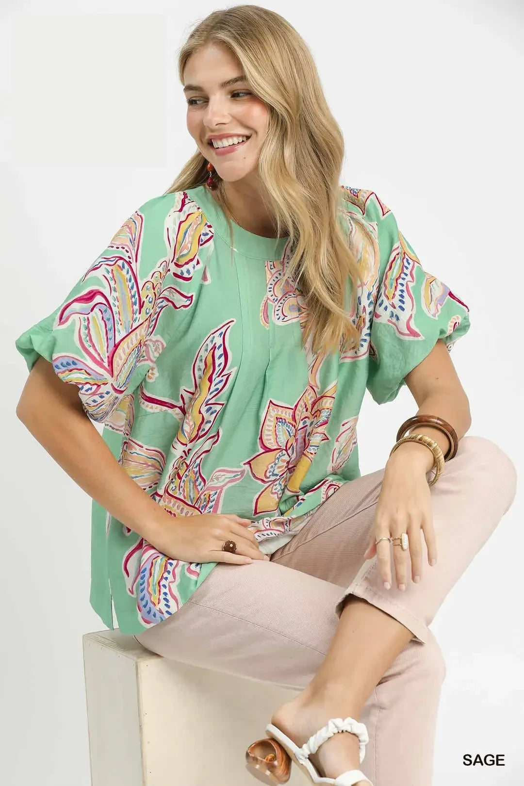 Umgee Casual Blouse Paisley Print Sage Green Puff Short Sleeve Ruffle Top