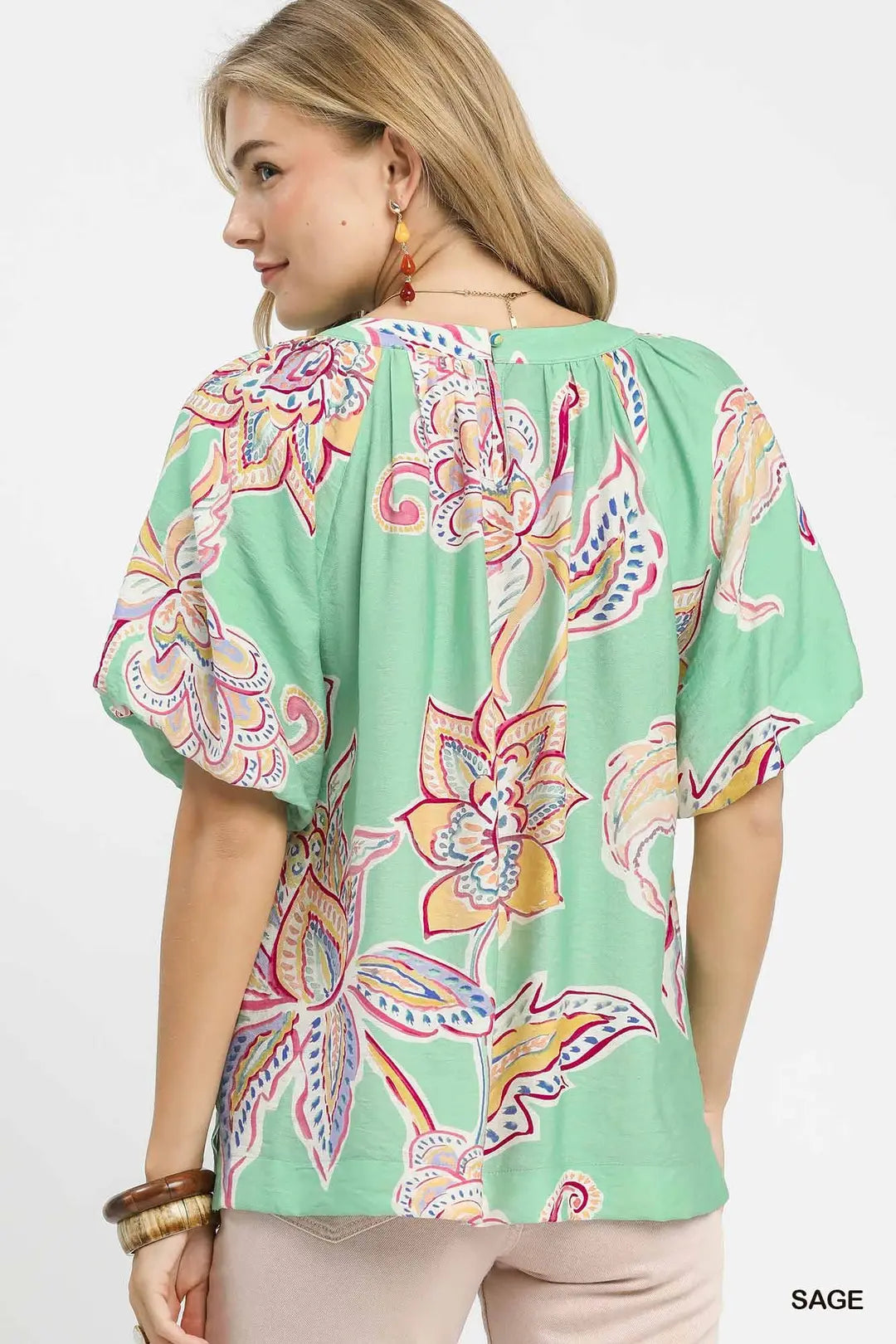 Umgee Casual Blouse Paisley Print Sage Green Puff Short Sleeve Ruffle Top