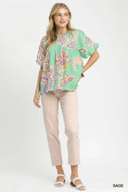 Umgee Lässige Bluse Paisley-Print Salbeigrün Puffärmel Kurzarm Rüschenoberteil