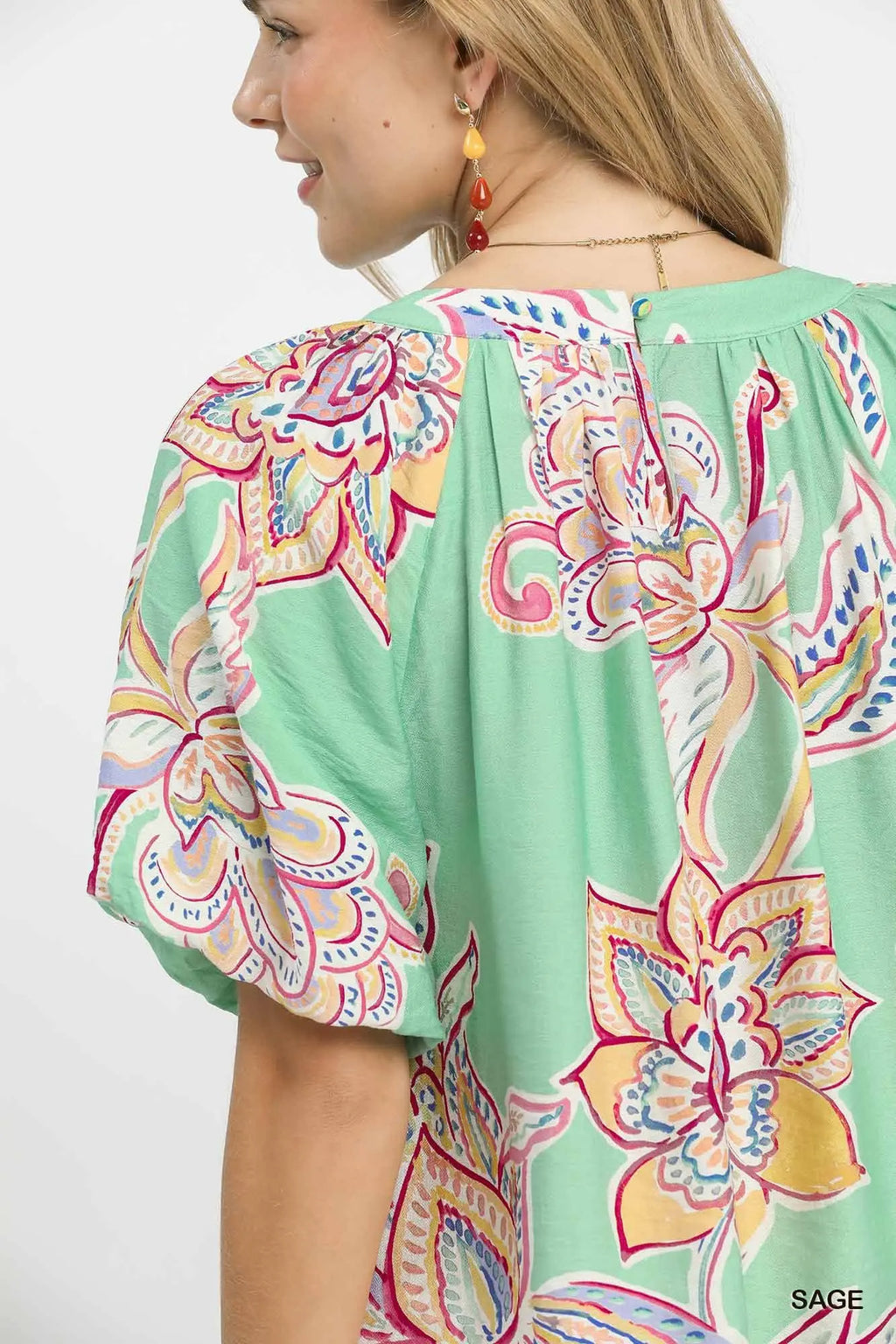 Umgee Casual Blouse Paisley Print Sage Green Puff Short Sleeve Ruffle Top