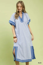 Umgee USA Midi Shift Dress Blue Striped V-neck Trim Side Slits Short Sleeve Casual
