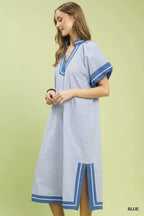 Umgee USA Midi Shift Dress Blue Striped V-neck Trim Side Slits Short Sleeve Casual