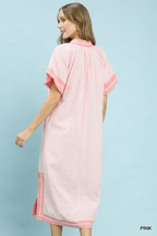 Umgee USA Midikleid Gestreift V-Ausschnitt Rosa Besatz Seitenschlitze Kurzarm Etuikleid