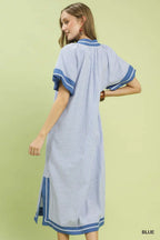 Umgee USA Midi Shift Dress Blue Striped V-neck Trim Side Slits Short Sleeve Casual