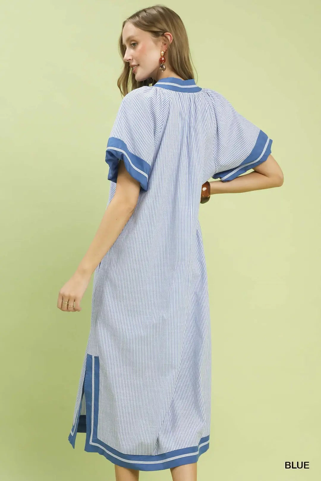 Umgee USA Midi Shift Dress Blue Striped V-neck Trim Side Slits Short Sleeve Casual