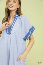 Umgee USA Midi Shift Dress Blue Striped V-neck Trim Side Slits Short Sleeve Casual