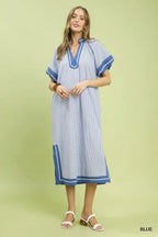 Umgee USA Midi Shift Dress Blue Striped V-neck Trim Side Slits Short Sleeve Casual