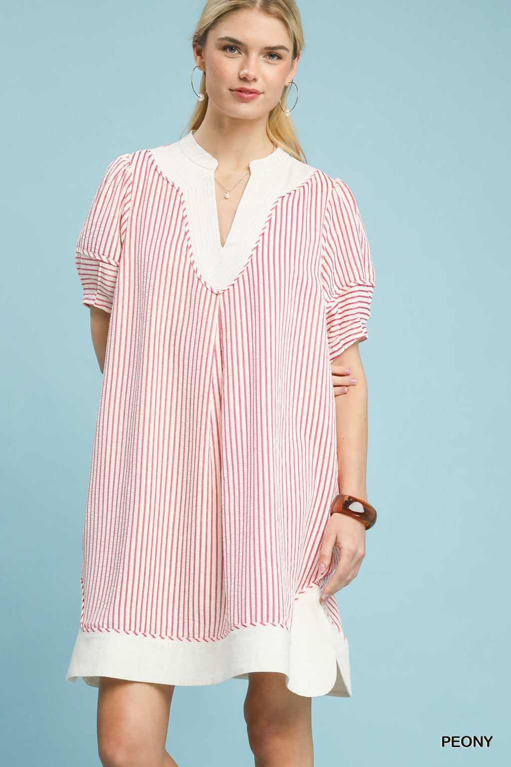 Umgee Short Shift Dress Pink Striped V-Neck White Contrast Casual Short Sleeve