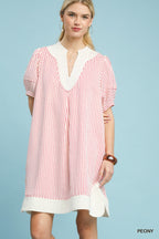 Umgee Short Shift Dress Pink Striped V-Neck White Contrast Casual Short Sleeve