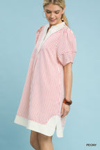 Umgee Short Shift Dress Pink Striped V-Neck White Contrast Casual Short Sleeve