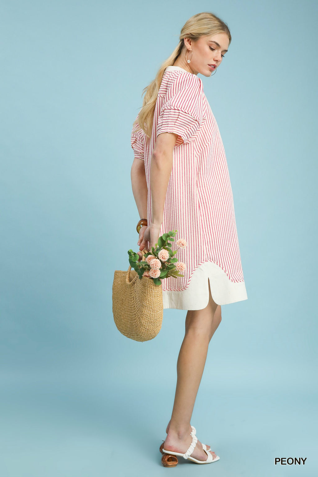 Umgee Short Shift Dress Pink Striped V-Neck White Contrast Casual Short Sleeve