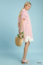 Umgee Short Shift Dress Pink Striped V-Neck White Contrast Casual Short Sleeve