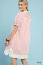Umgee Short Shift Dress Pink Striped V-Neck White Contrast Casual Short Sleeve