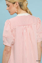 Umgee Short Shift Dress Pink Striped V-Neck White Contrast Casual Short Sleeve