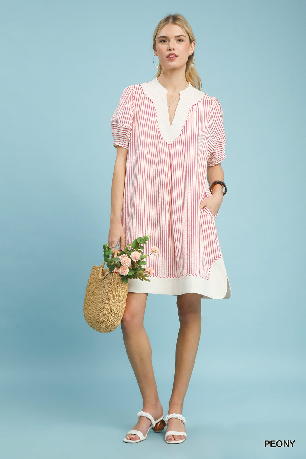 Umgee Short Shift Dress Pink Striped V-Neck White Contrast Casual Short Sleeve