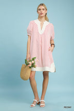 Umgee Short Shift Dress Pink Striped V-Neck White Contrast Casual Short Sleeve
