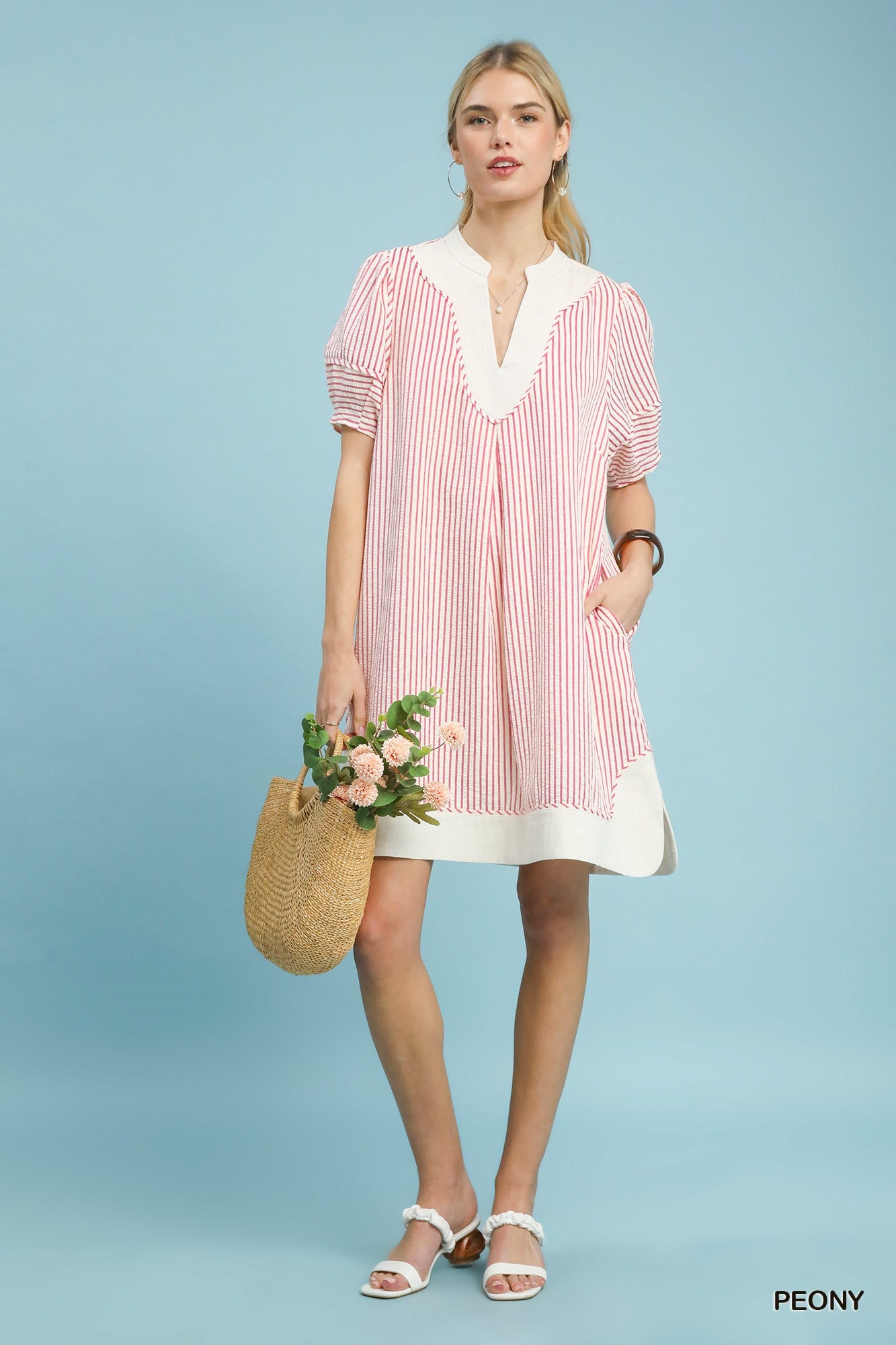Umgee Short Shift Dress Pink Striped V-Neck White Contrast Casual Short Sleeve