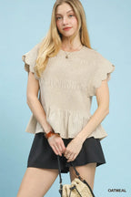 Umgee Linen Smocked Blouse Casual Pinstripe Ruffle Peplum Beige Top
