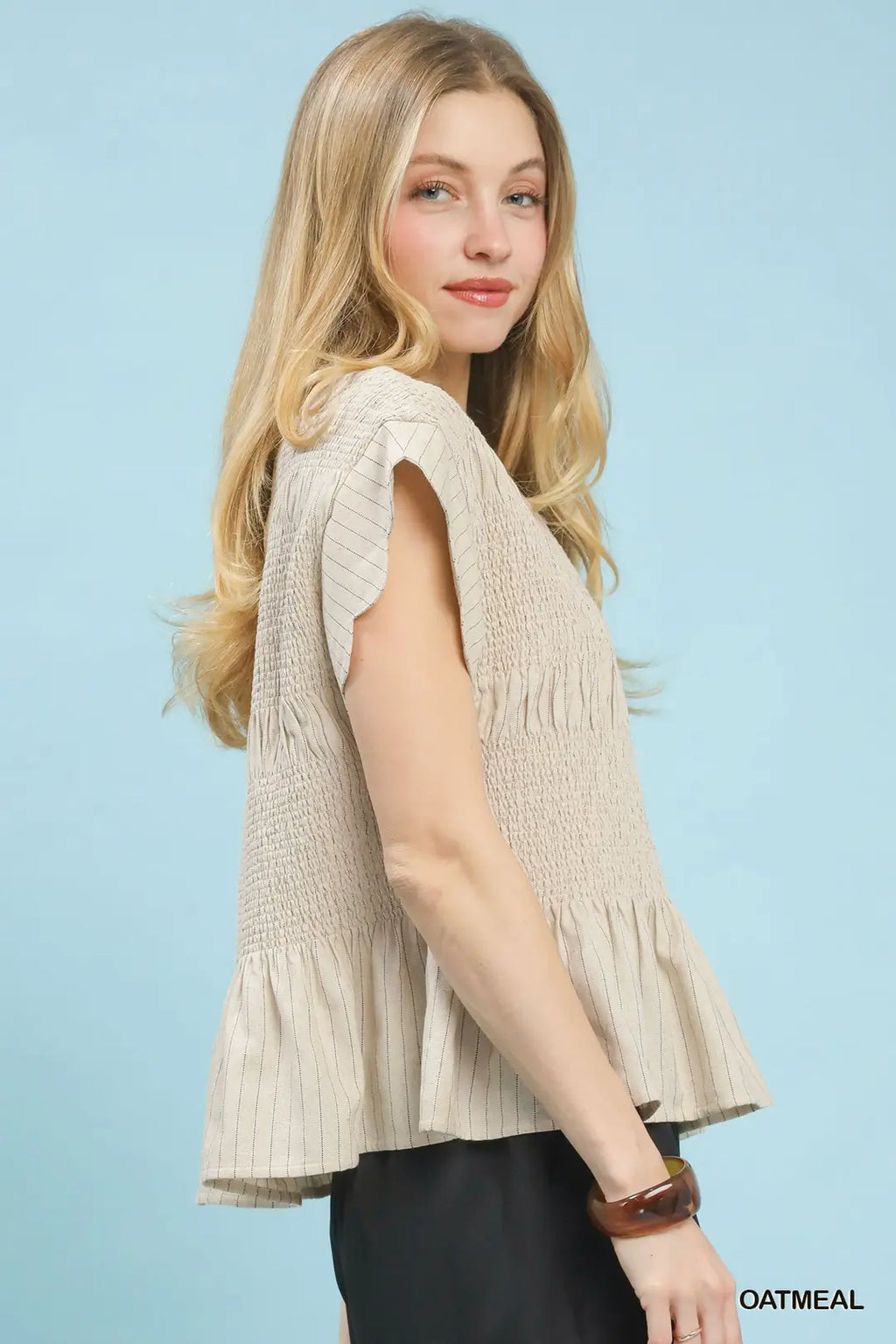 Umgee Linen Smocked Blouse Casual Pinstripe Ruffle Peplum Beige Top