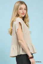 Umgee Linen Smocked Blouse Casual Pinstripe Ruffle Peplum Beige Top