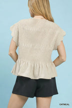 Umgee Linen Smocked Blouse Casual Pinstripe Ruffle Peplum Beige Top