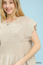 Umgee Linen Smocked Blouse Casual Pinstripe Ruffle Peplum Beige Top