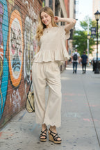Umgee Linen Smocked Blouse Casual Pinstripe Ruffle Peplum Beige Top