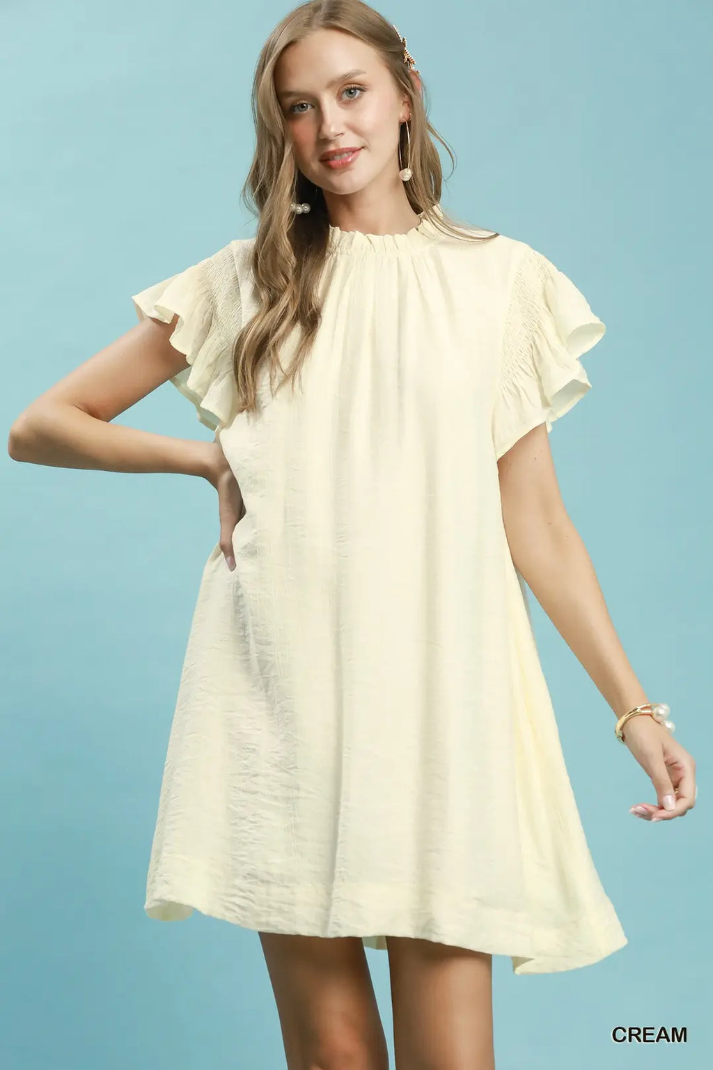 Umgee Casual Mini Dress Ruffle Cream Solid Flutter Short Smocked Sleeve