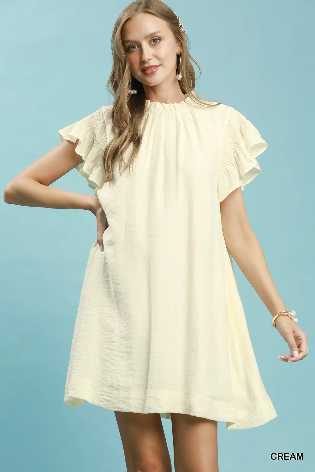 Umgee Casual Mini Dress Ruffle Cream Solid Flutter Short Smocked Sleeve