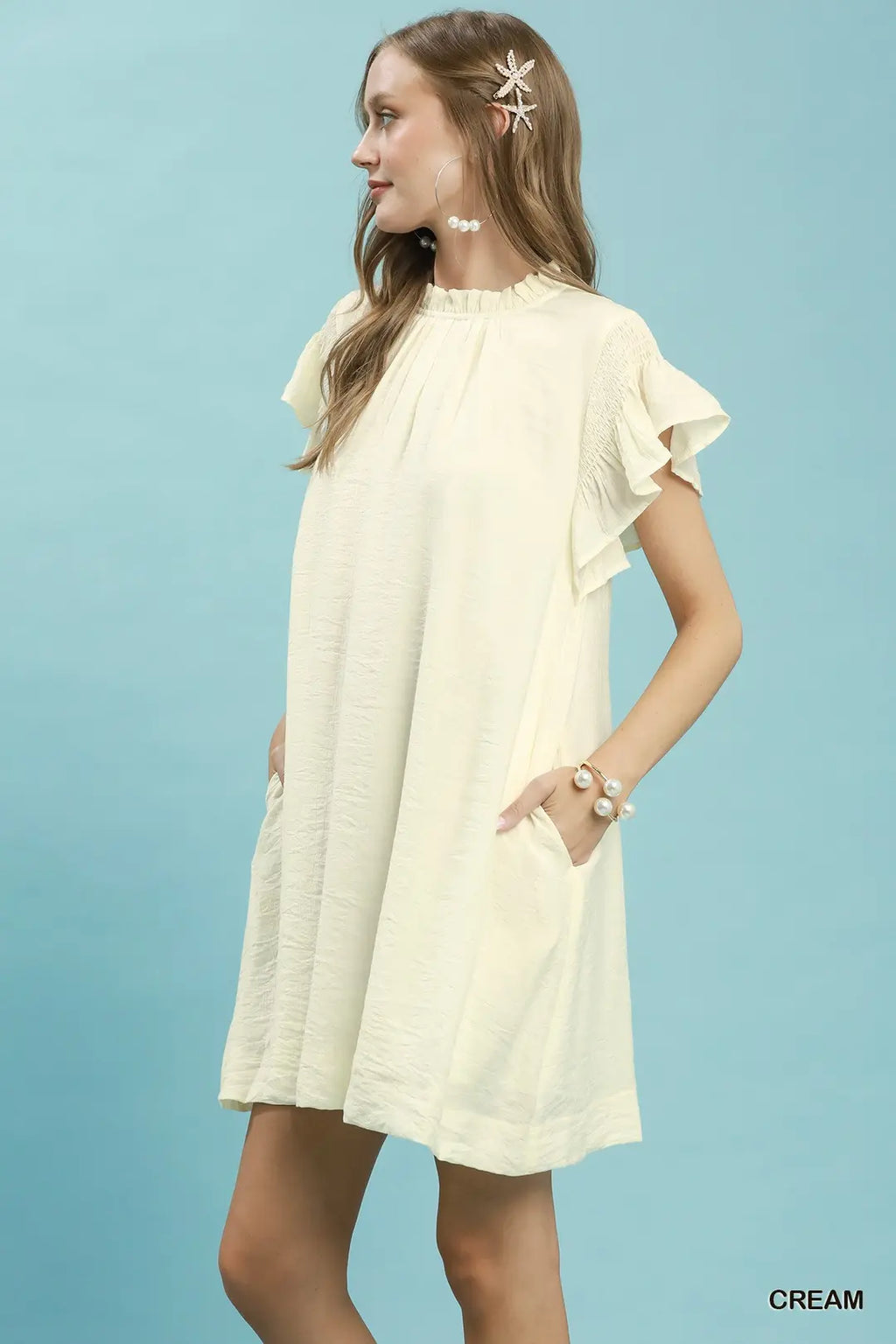 Umgee Casual Mini Dress Ruffle Cream Solid Flutter Short Smocked Sleeve