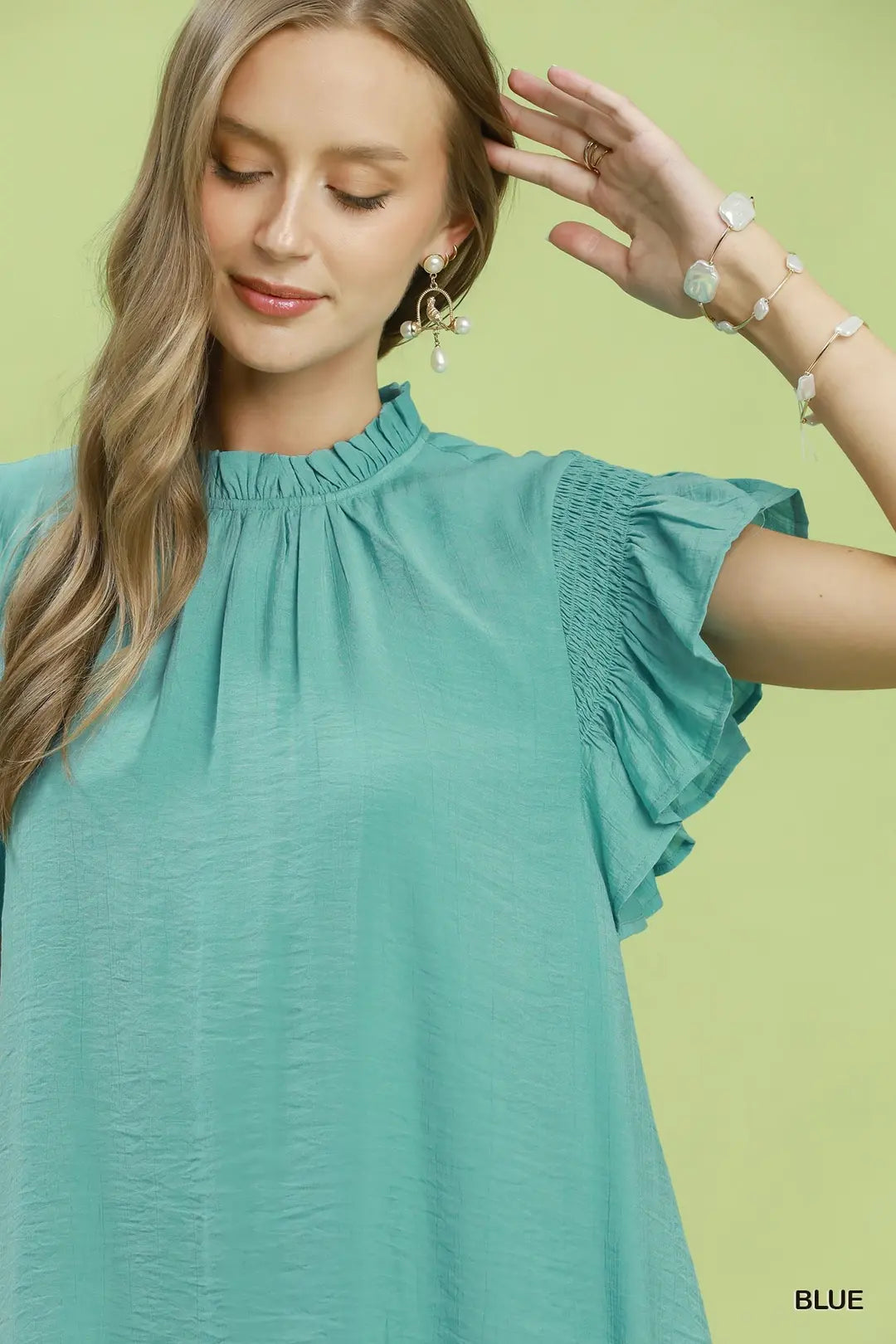 Umgee Casual Mini Dress Ruffle Mint Blue Solid Flutter Short Smocked Sleeve