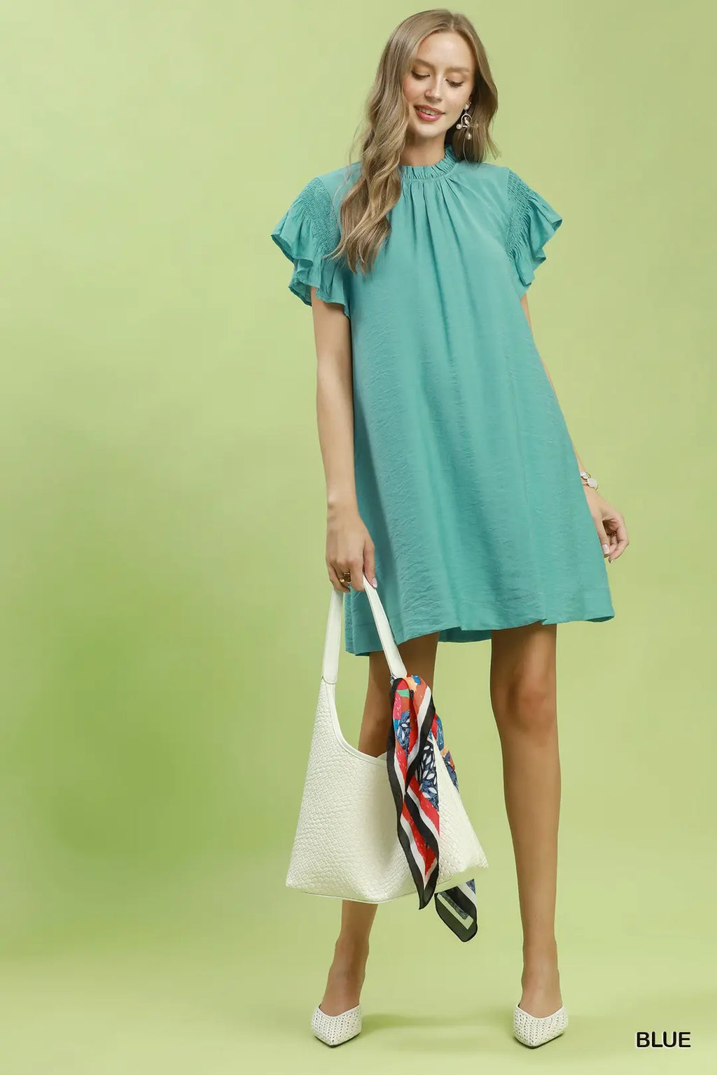 Umgee Casual Mini Dress Ruffle Mint Blue Solid Flutter Short Smocked Sleeve