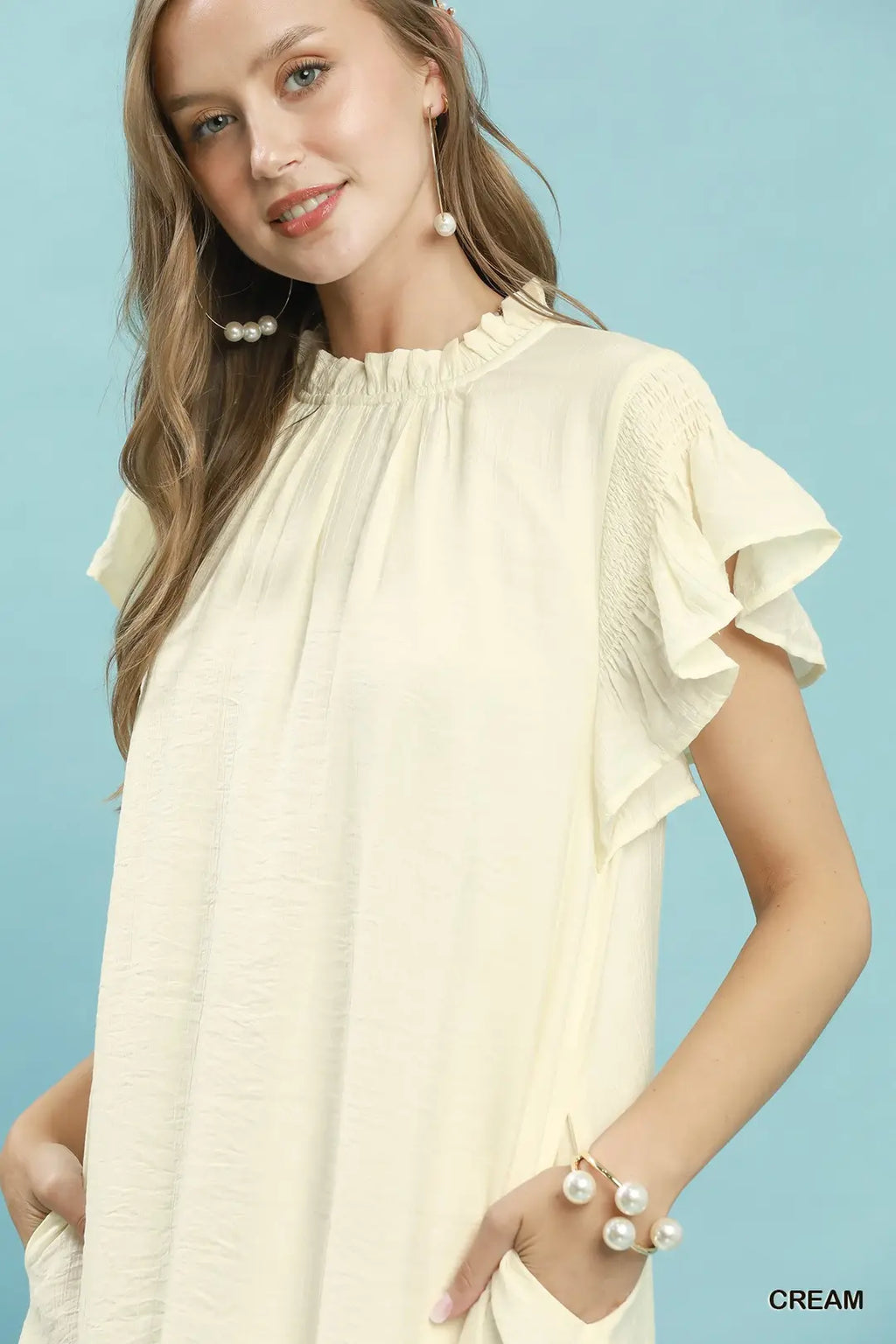 Umgee Casual Mini Dress Ruffle Cream Solid Flutter Short Smocked Sleeve