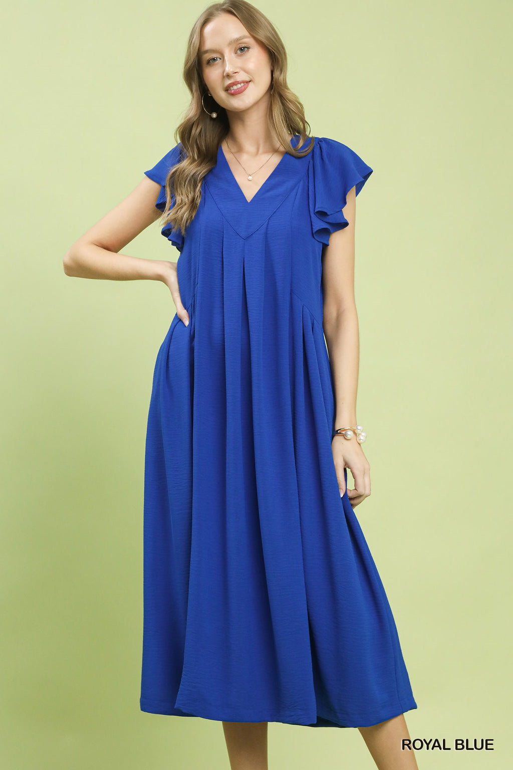 Umgee Midi Dress V-Neck Ruffle Short Sleeve Royal Blue Casual Summer