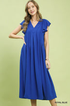 Umgee Midi Dress V-Neck Ruffle Short Sleeve Royal Blue Casual Summer